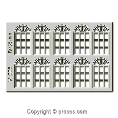 10 pcs 19X35mm 14 Pane Arched Windows HO/OO