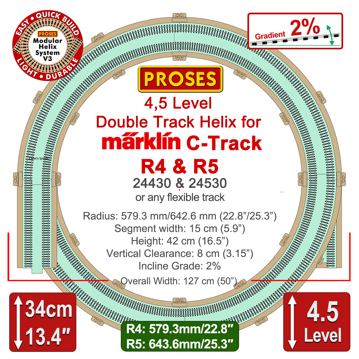 4.5 LEVEL HELIX pour les trains miniatures Marklin C-Track R4/R5