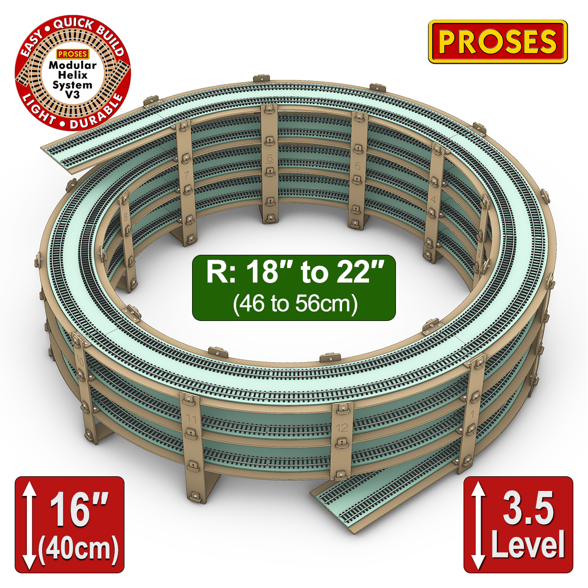 Hélice de niveau 3,5 de 18" à 22" de rayon pour trains miniatures