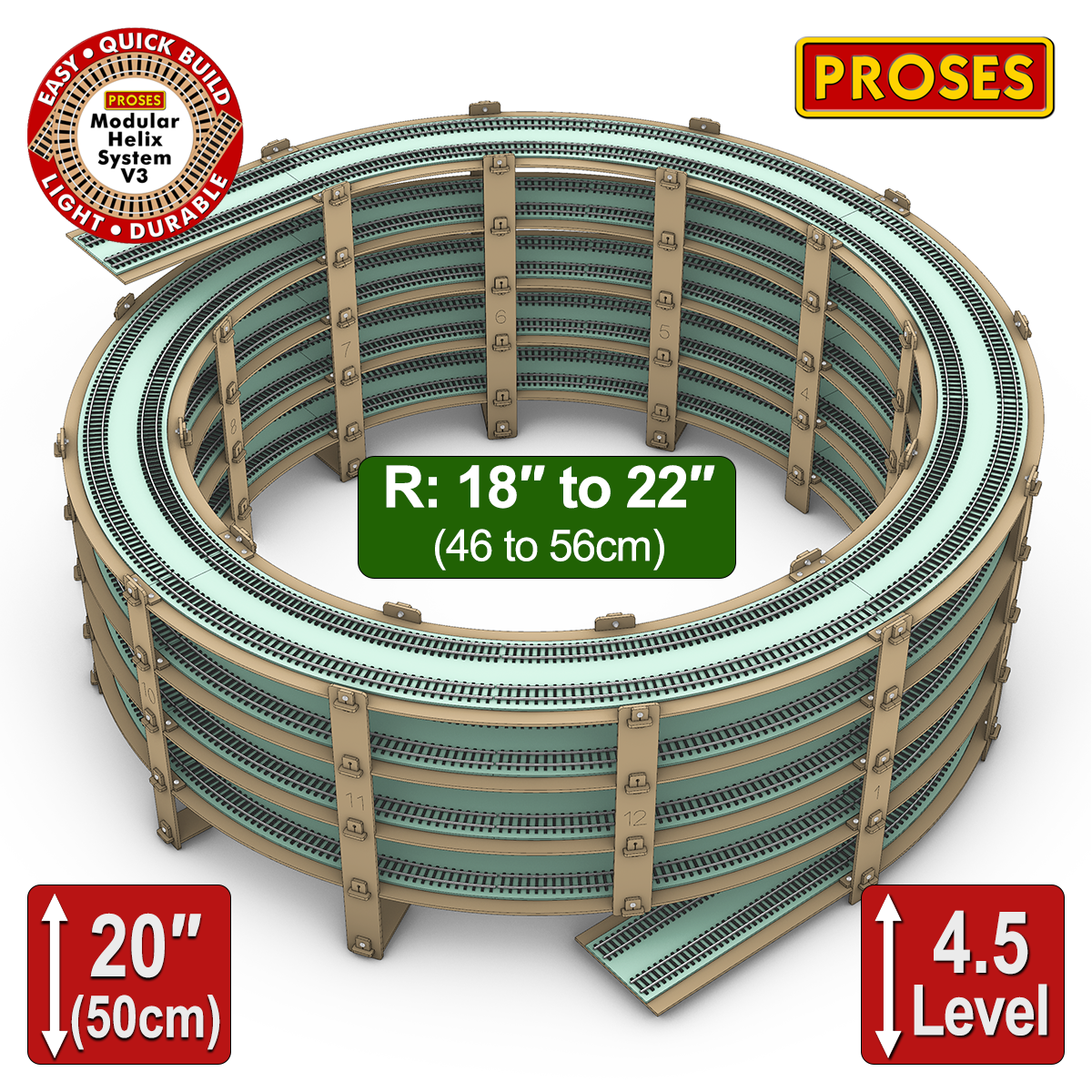 Hélice de niveau 4,5 de 18 à 22 pouces de rayon pour trains miniatures