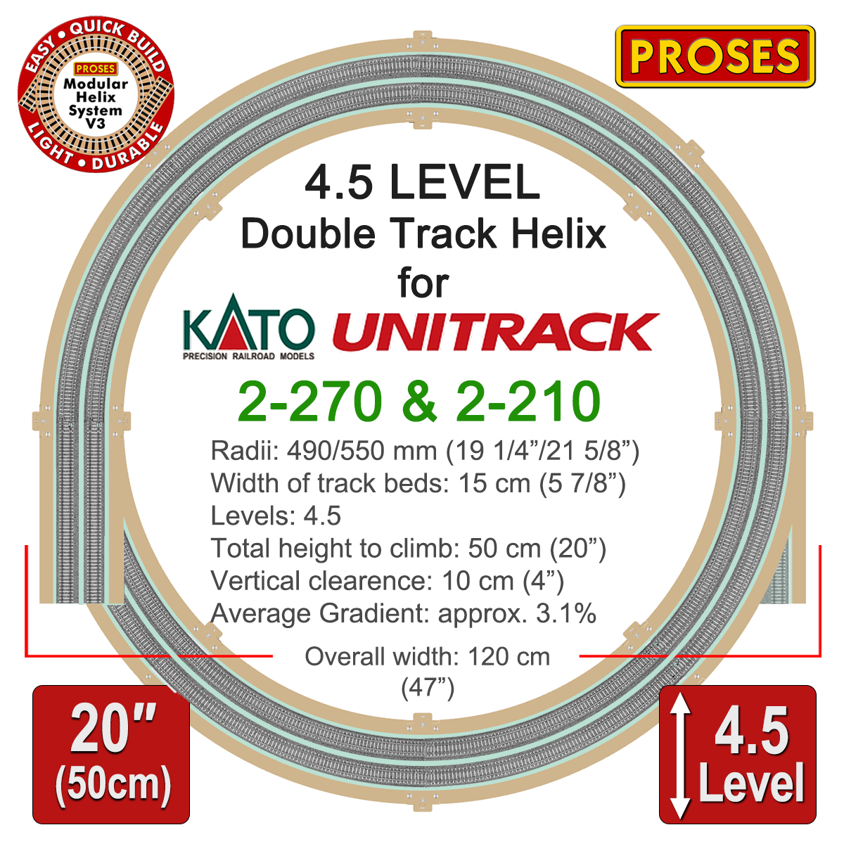 4.5 LEVEL HELIX for Kato HO Unitrack (R490 mm, 19 1/"4 / R550 mm, 21 5/8")